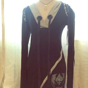 Black snug fitting long top w/hood Sz Small